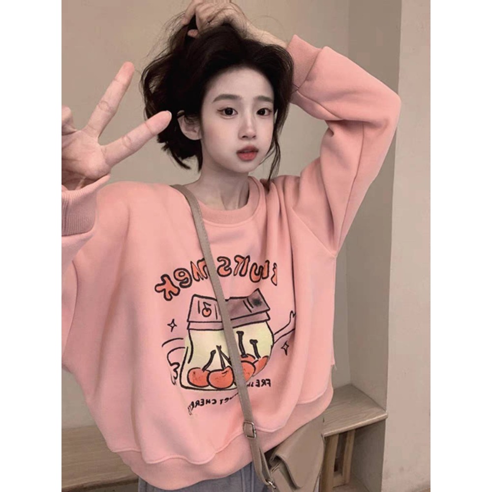 櫻桃印花加絨寬鬆圓領上衣-細節圖6