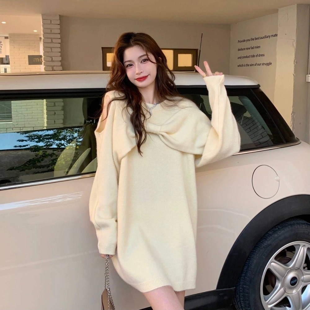 甜美立體大蝴蝶結挖肩毛衣-細節圖2