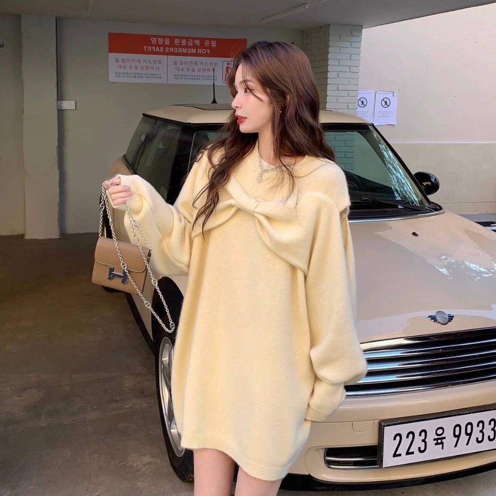 甜美立體大蝴蝶結挖肩毛衣-細節圖3