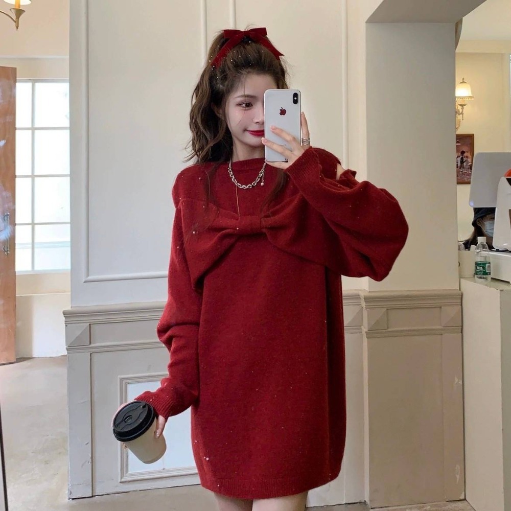 甜美立體大蝴蝶結挖肩毛衣-細節圖5