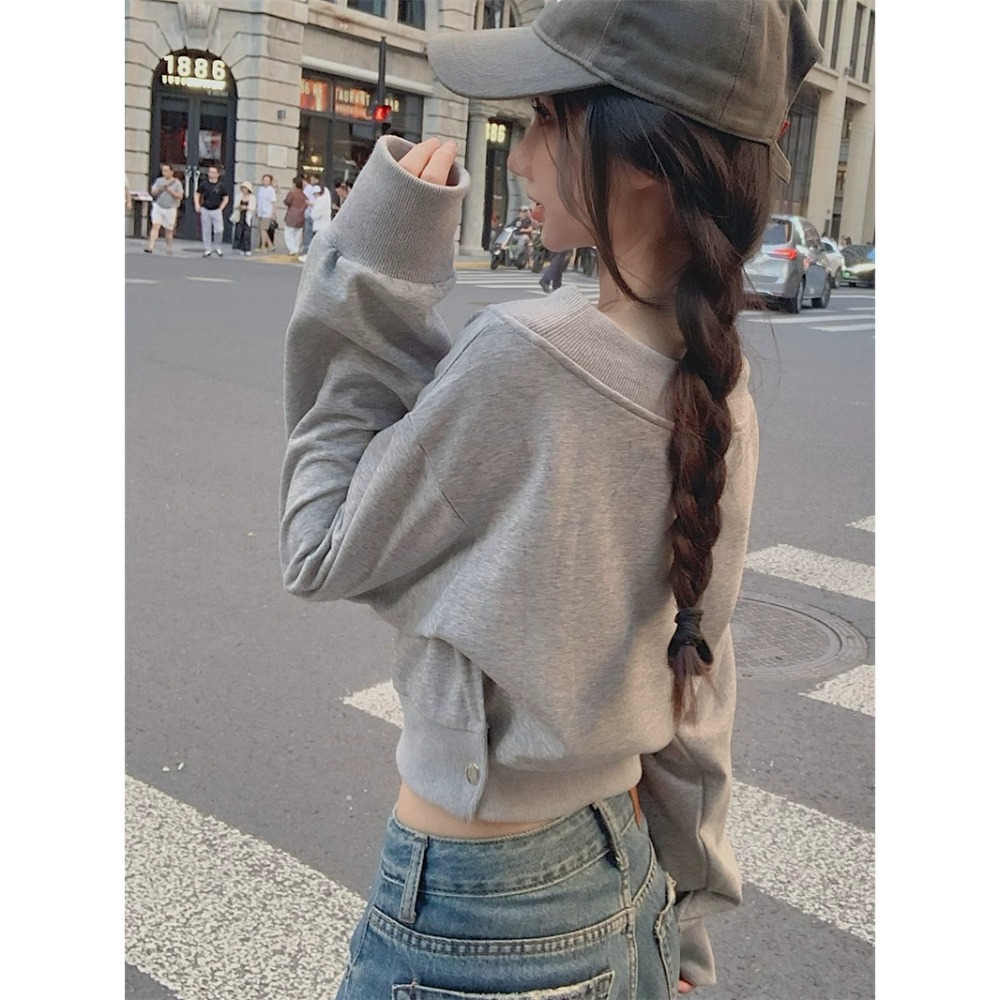 美式街頭字母印花一字領不規則短款長袖上衣-細節圖11