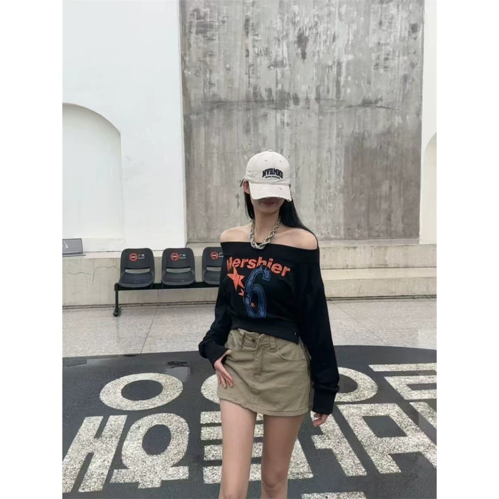 美式街頭字母印花一字領不規則短款長袖上衣-規格圖11