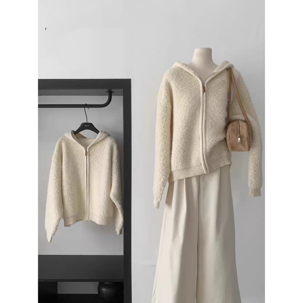 奶白色羊羔毛連帽外套 厚款保暖拉鍊上衣 韓系寬鬆開襟針織外套-細節圖2