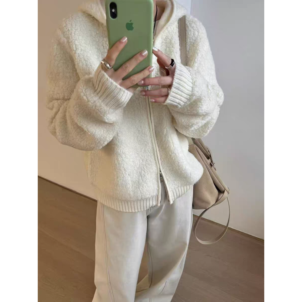 奶白色羊羔毛連帽外套 厚款保暖拉鍊上衣 韓系寬鬆開襟針織外套-細節圖3