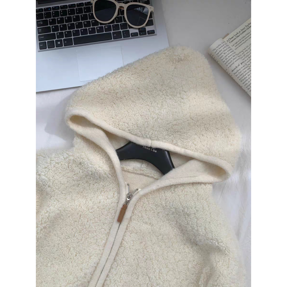 奶白色羊羔毛連帽外套 厚款保暖拉鍊上衣 韓系寬鬆開襟針織外套-細節圖4