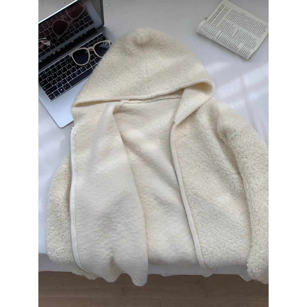奶白色羊羔毛連帽外套 厚款保暖拉鍊上衣 韓系寬鬆開襟針織外套-細節圖5