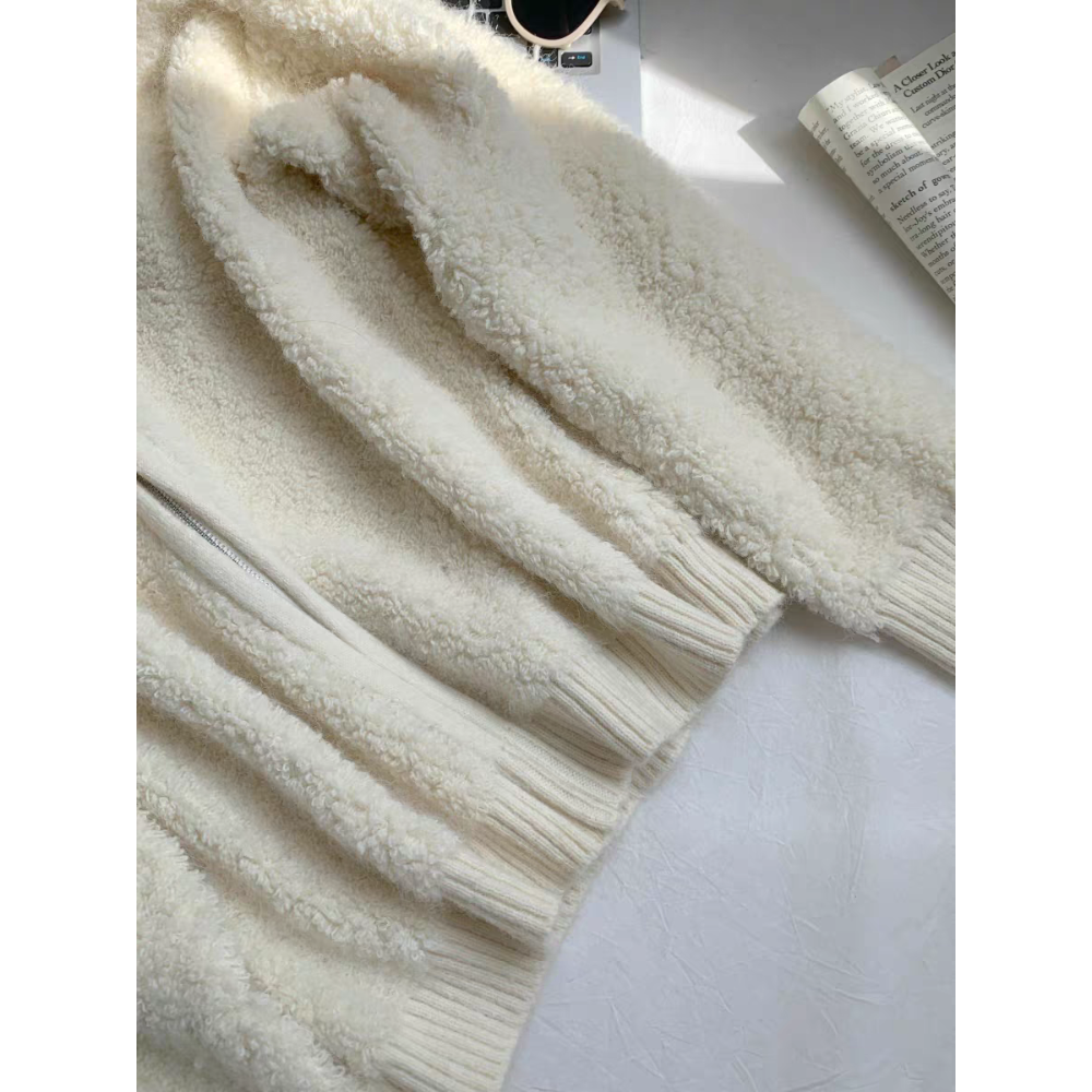 奶白色羊羔毛連帽外套 厚款保暖拉鍊上衣 韓系寬鬆開襟針織外套-細節圖6