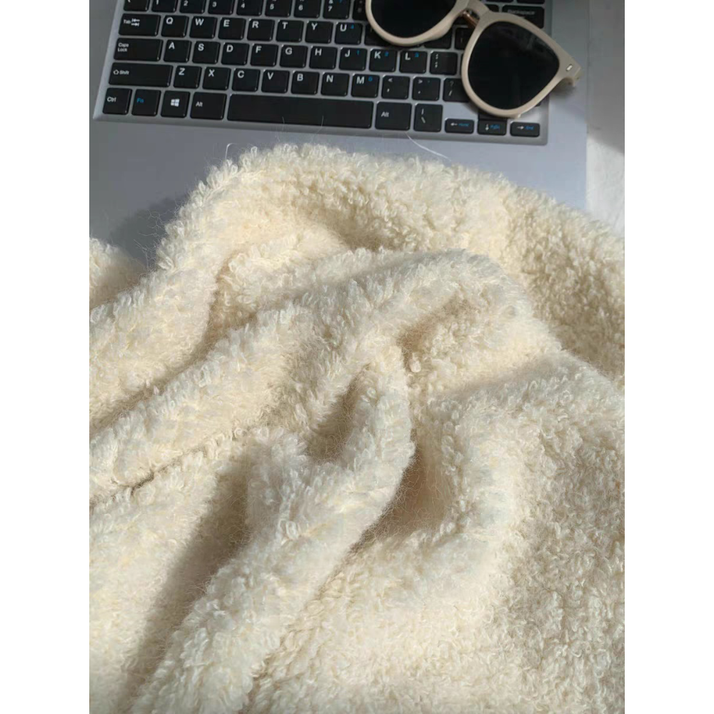 奶白色羊羔毛連帽外套 厚款保暖拉鍊上衣 韓系寬鬆開襟針織外套-細節圖7