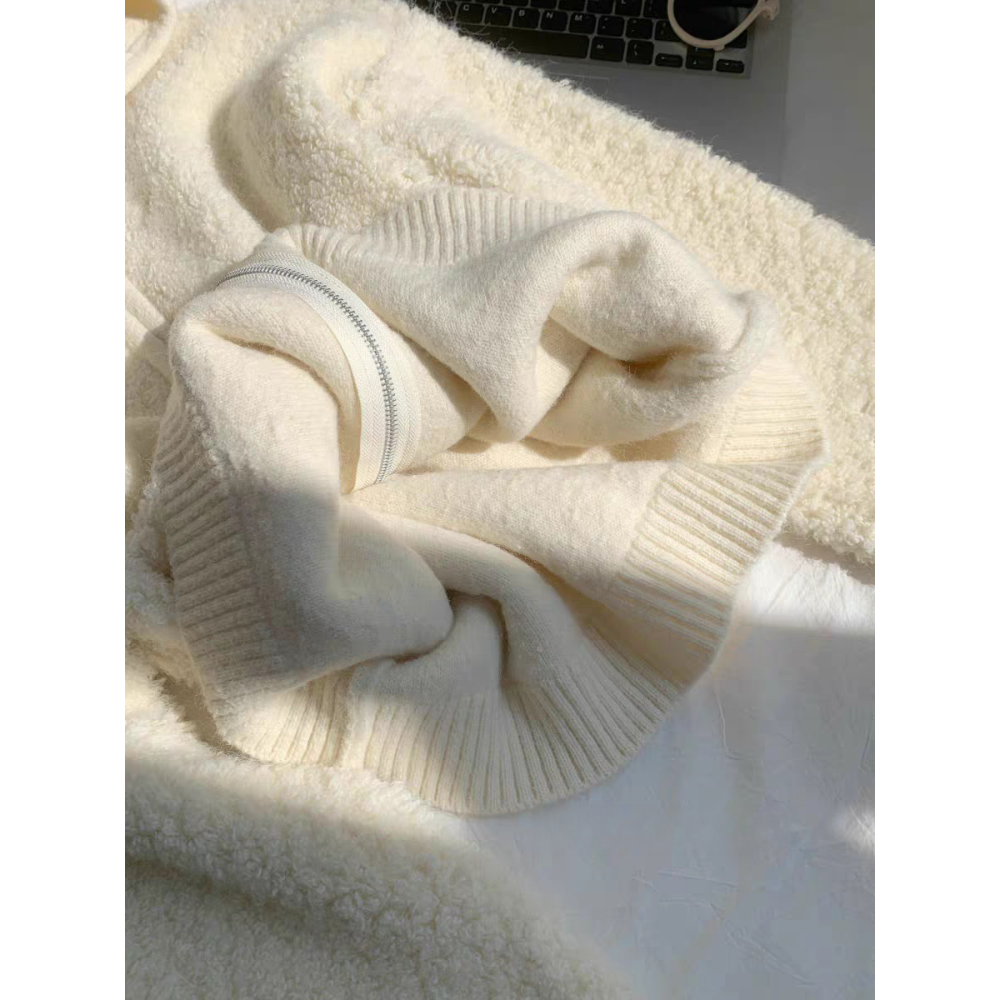 奶白色羊羔毛連帽外套 厚款保暖拉鍊上衣 韓系寬鬆開襟針織外套-細節圖8