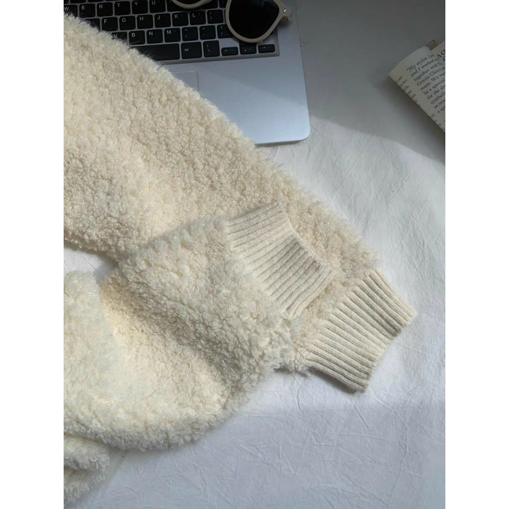 奶白色羊羔毛連帽外套 厚款保暖拉鍊上衣 韓系寬鬆開襟針織外套-細節圖9