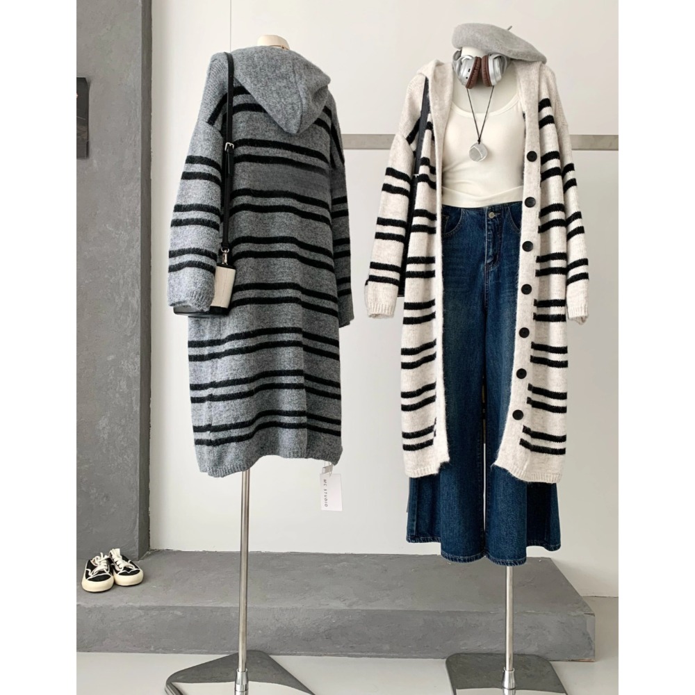 韓系條紋連帽針織外套 長版厚實開襟毛衣外套 秋冬保暖慵懶風上衣-細節圖2