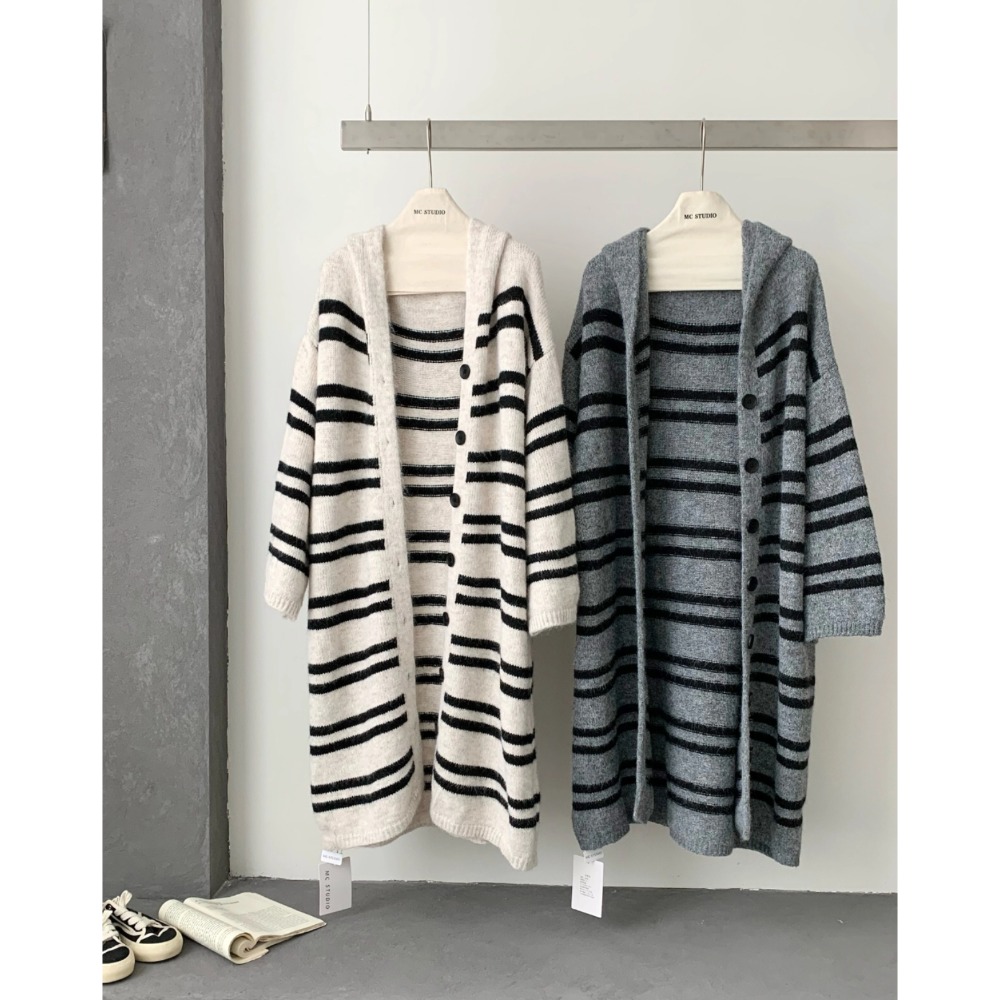 韓系條紋連帽針織外套 長版厚實開襟毛衣外套 秋冬保暖慵懶風上衣-細節圖3