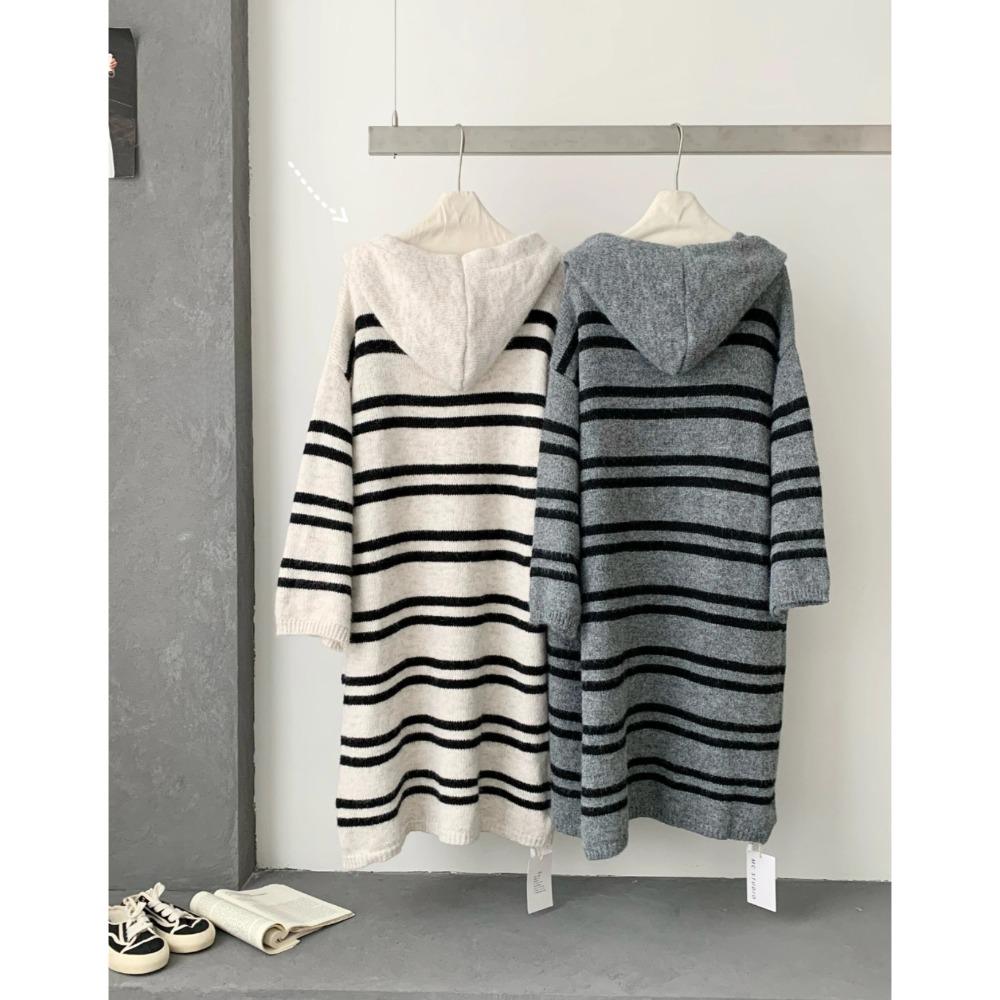 韓系條紋連帽針織外套 長版厚實開襟毛衣外套 秋冬保暖慵懶風上衣-細節圖4