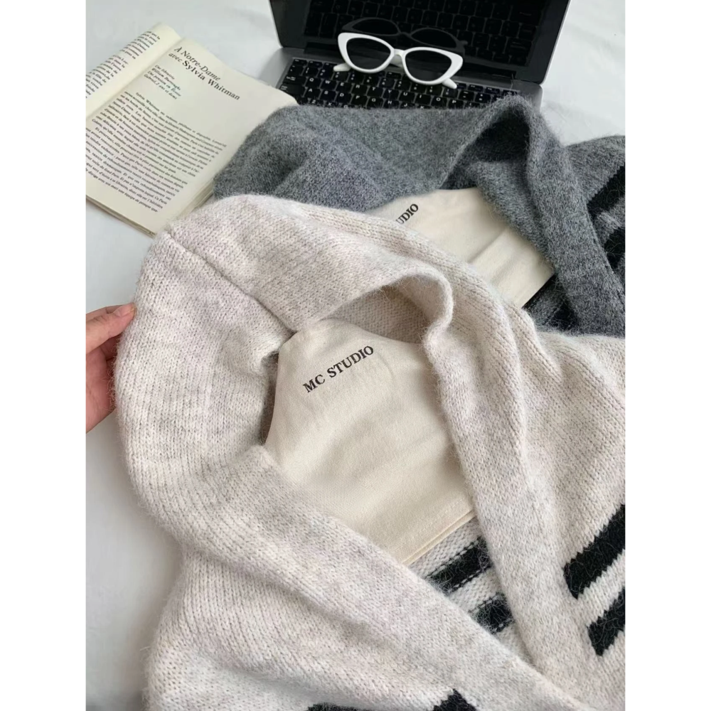 韓系條紋連帽針織外套 長版厚實開襟毛衣外套 秋冬保暖慵懶風上衣-細節圖6