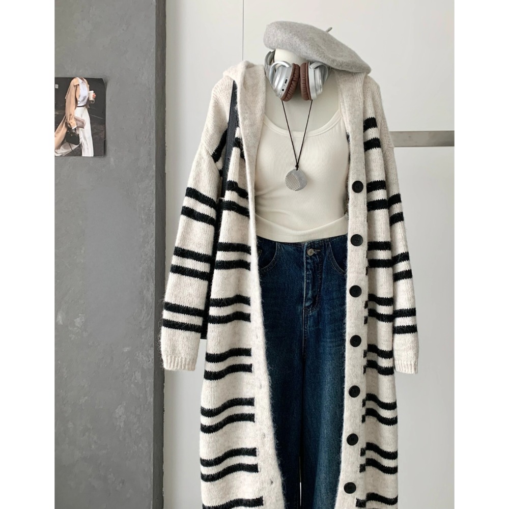 韓系條紋連帽針織外套 長版厚實開襟毛衣外套 秋冬保暖慵懶風上衣-細節圖8
