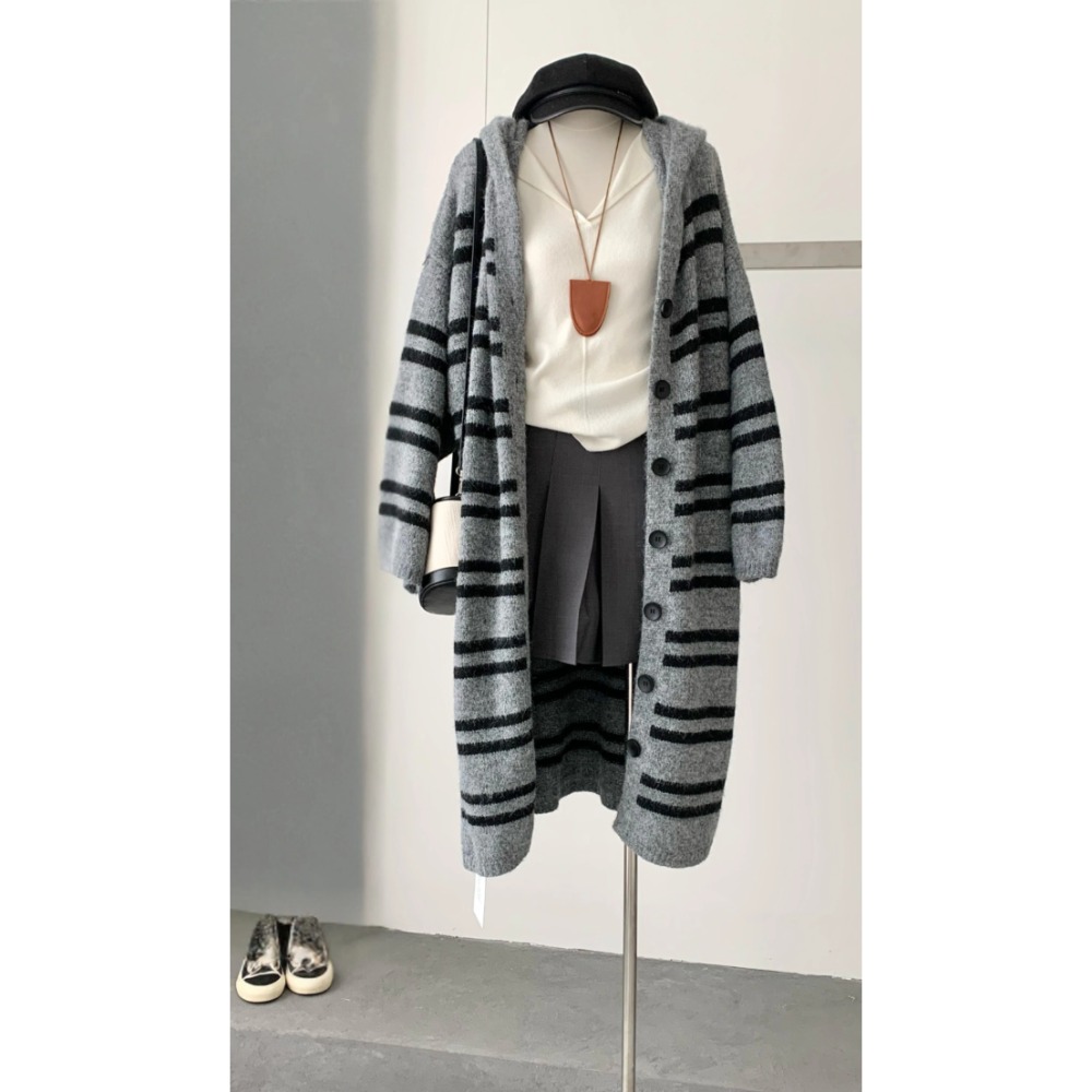 韓系條紋連帽針織外套 長版厚實開襟毛衣外套 秋冬保暖慵懶風上衣-規格圖8