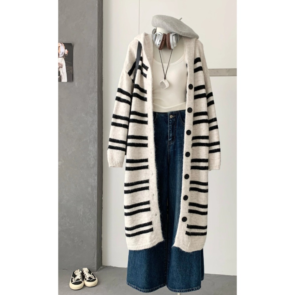 韓系條紋連帽針織外套 長版厚實開襟毛衣外套 秋冬保暖慵懶風上衣-規格圖8