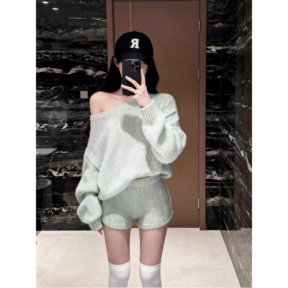 韓系慵懶風露肩針織短褲套裝-細節圖2
