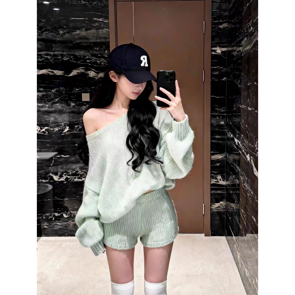 韓系慵懶風露肩針織短褲套裝-細節圖3