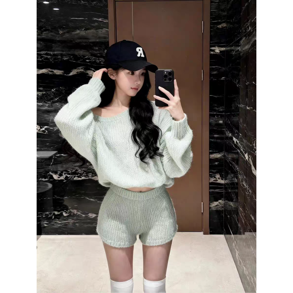 韓系慵懶風露肩針織短褲套裝-細節圖4