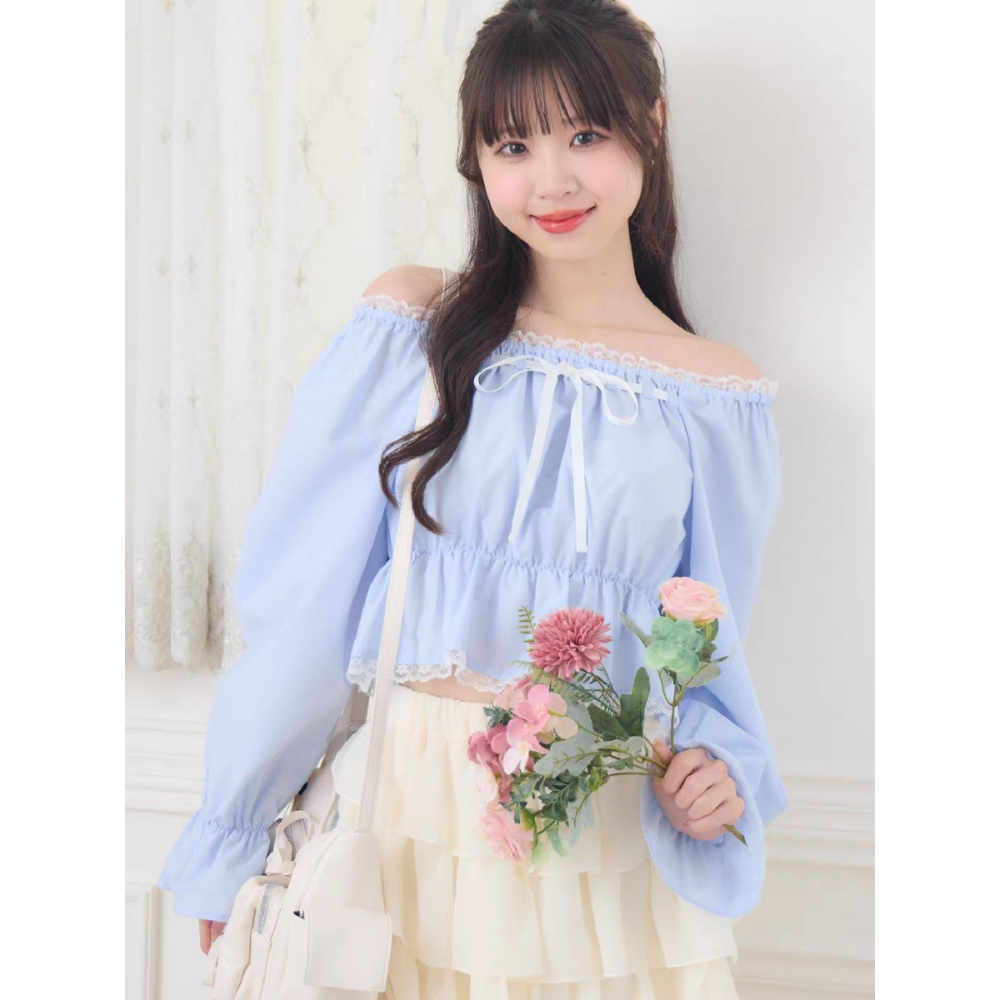 甜美蕾絲一字領緞帶上衣-細節圖2