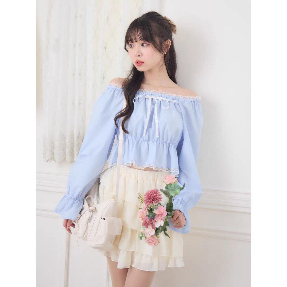 甜美蕾絲一字領緞帶上衣-細節圖3