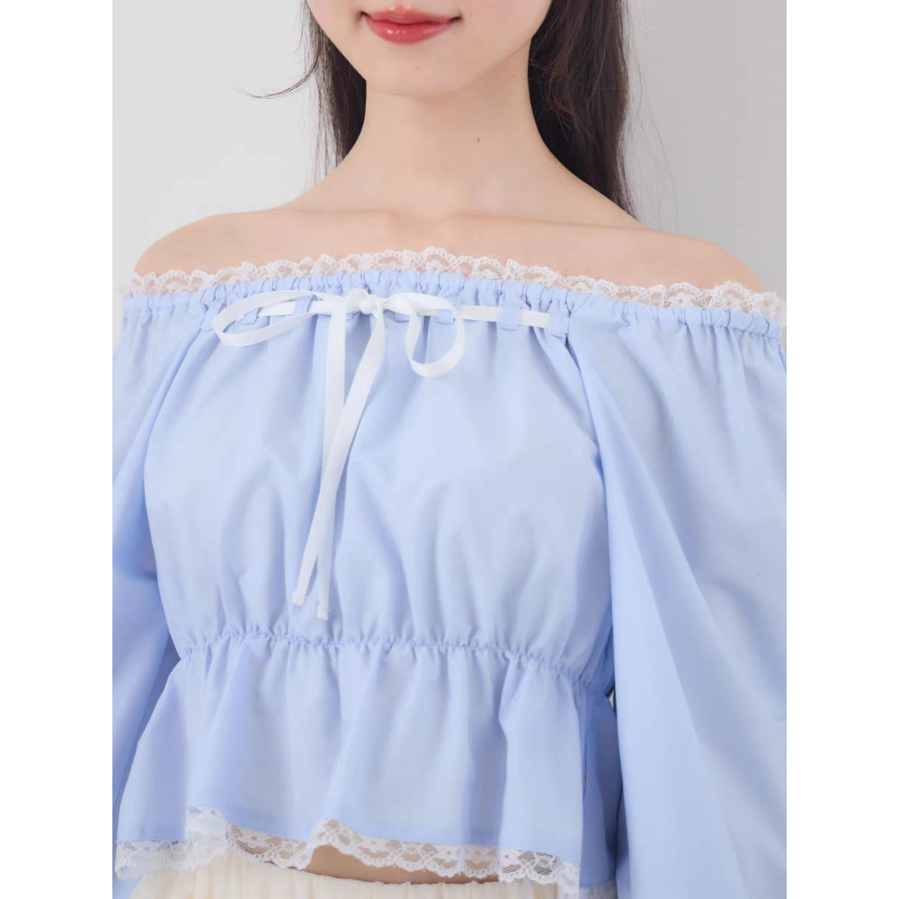 甜美蕾絲一字領緞帶上衣-細節圖4