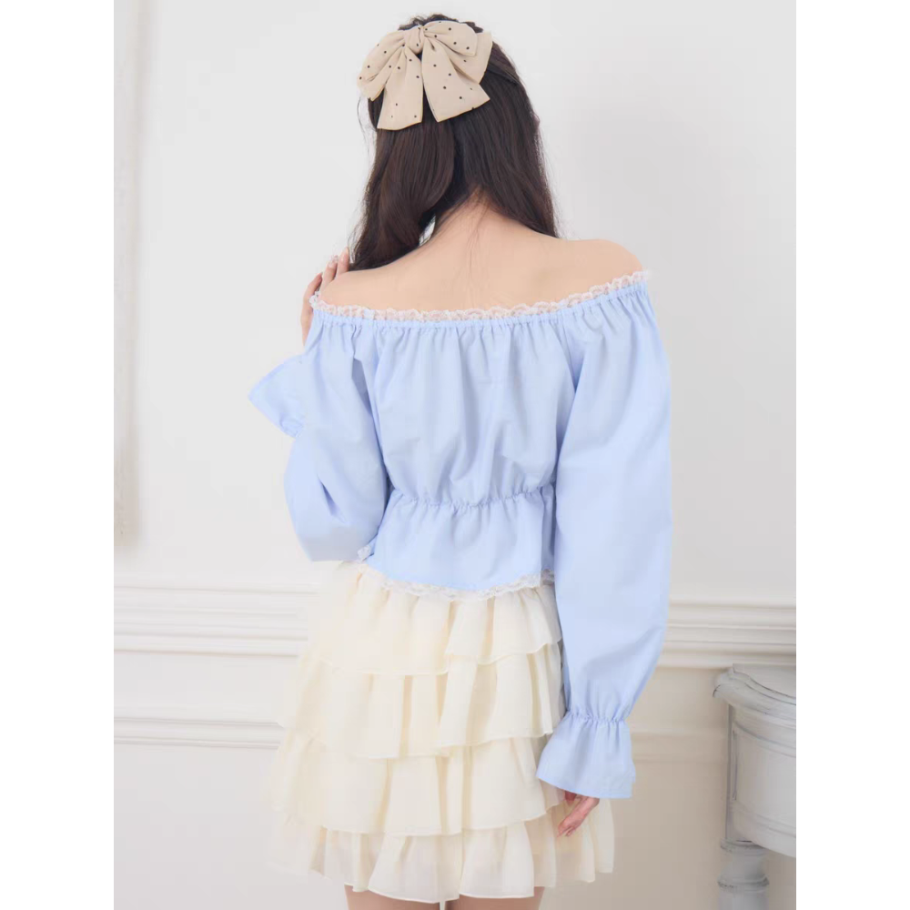 甜美蕾絲一字領緞帶上衣-細節圖7