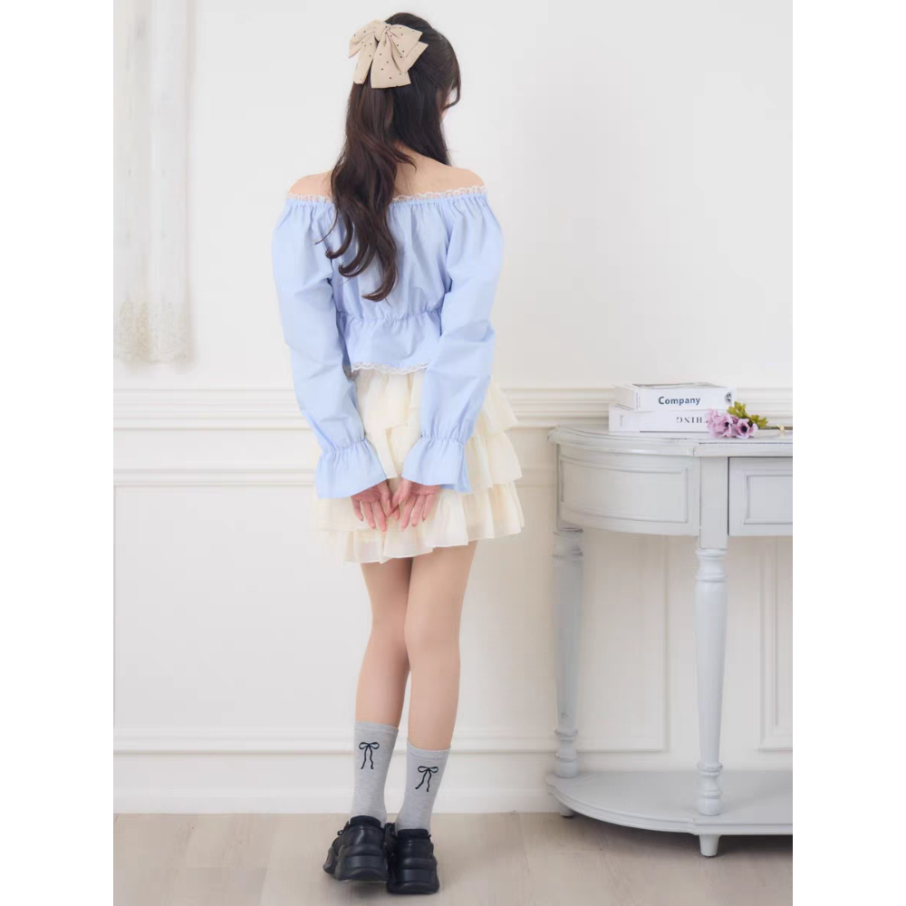 甜美蕾絲一字領緞帶上衣-細節圖8