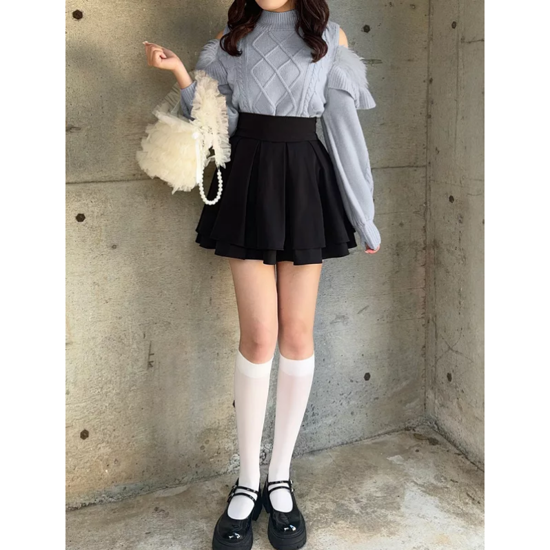 日系甜美露肩絞花羽毛感燈籠袖針織上衣-細節圖4