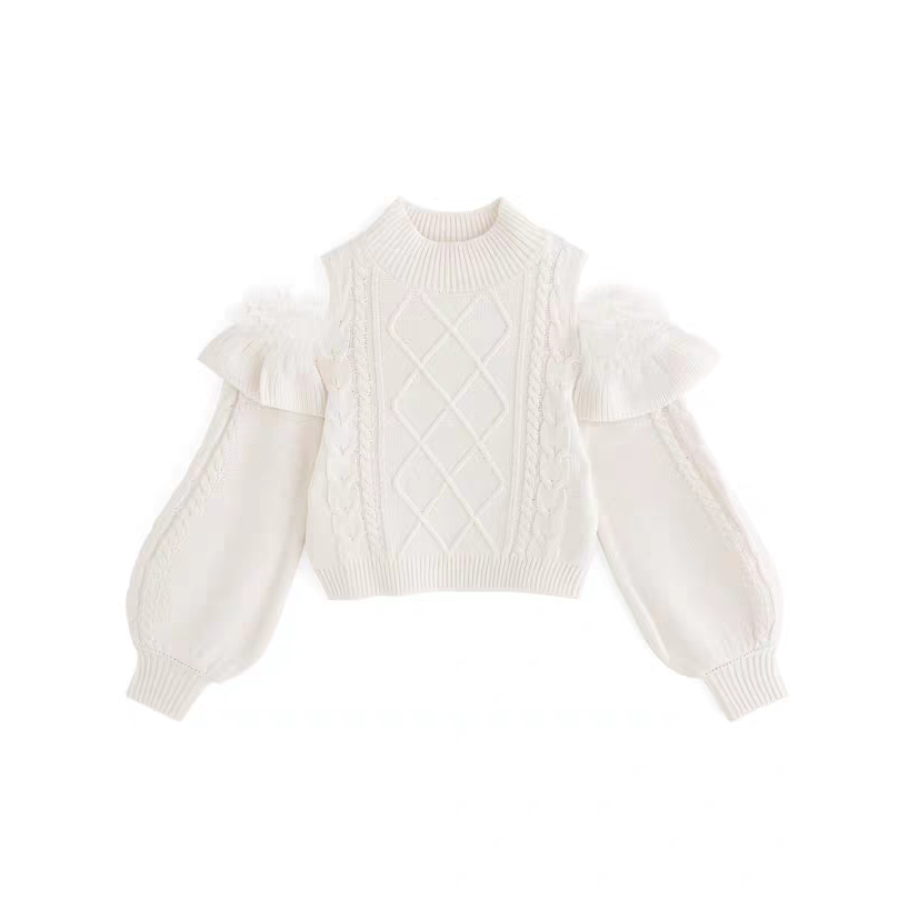 日系甜美露肩絞花羽毛感燈籠袖針織上衣-規格圖5