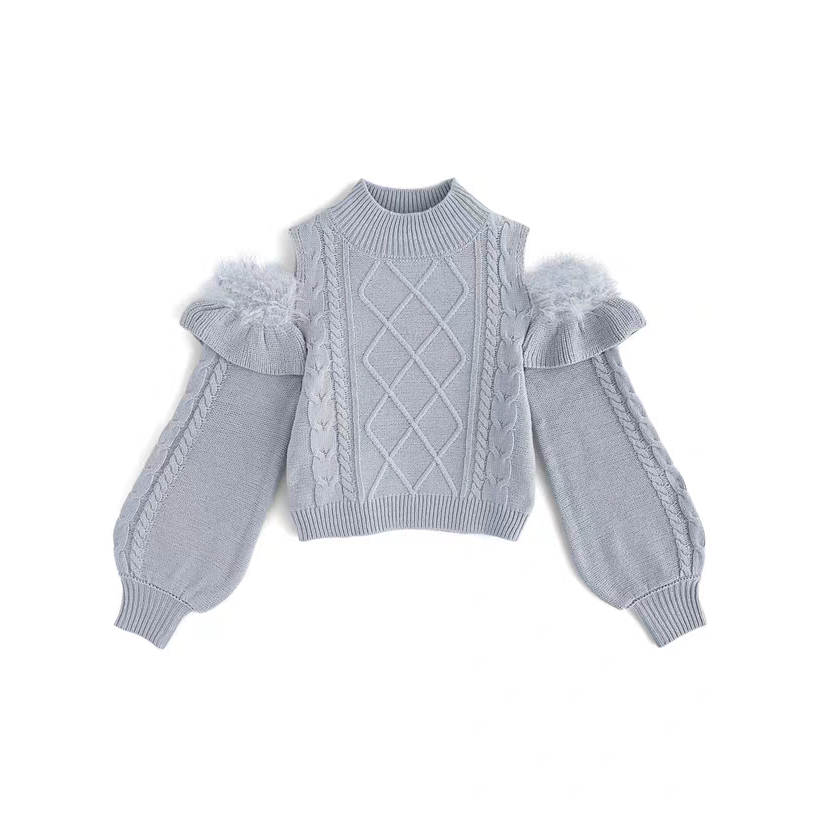 日系甜美露肩絞花羽毛感燈籠袖針織上衣-規格圖5