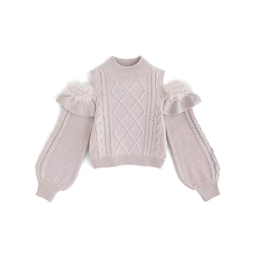 日系甜美露肩絞花羽毛感燈籠袖針織上衣-規格圖5