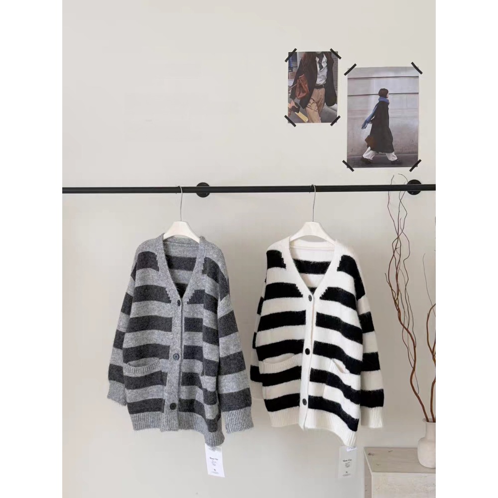 韓系慵懶風V領條紋針織開襟外套-細節圖2