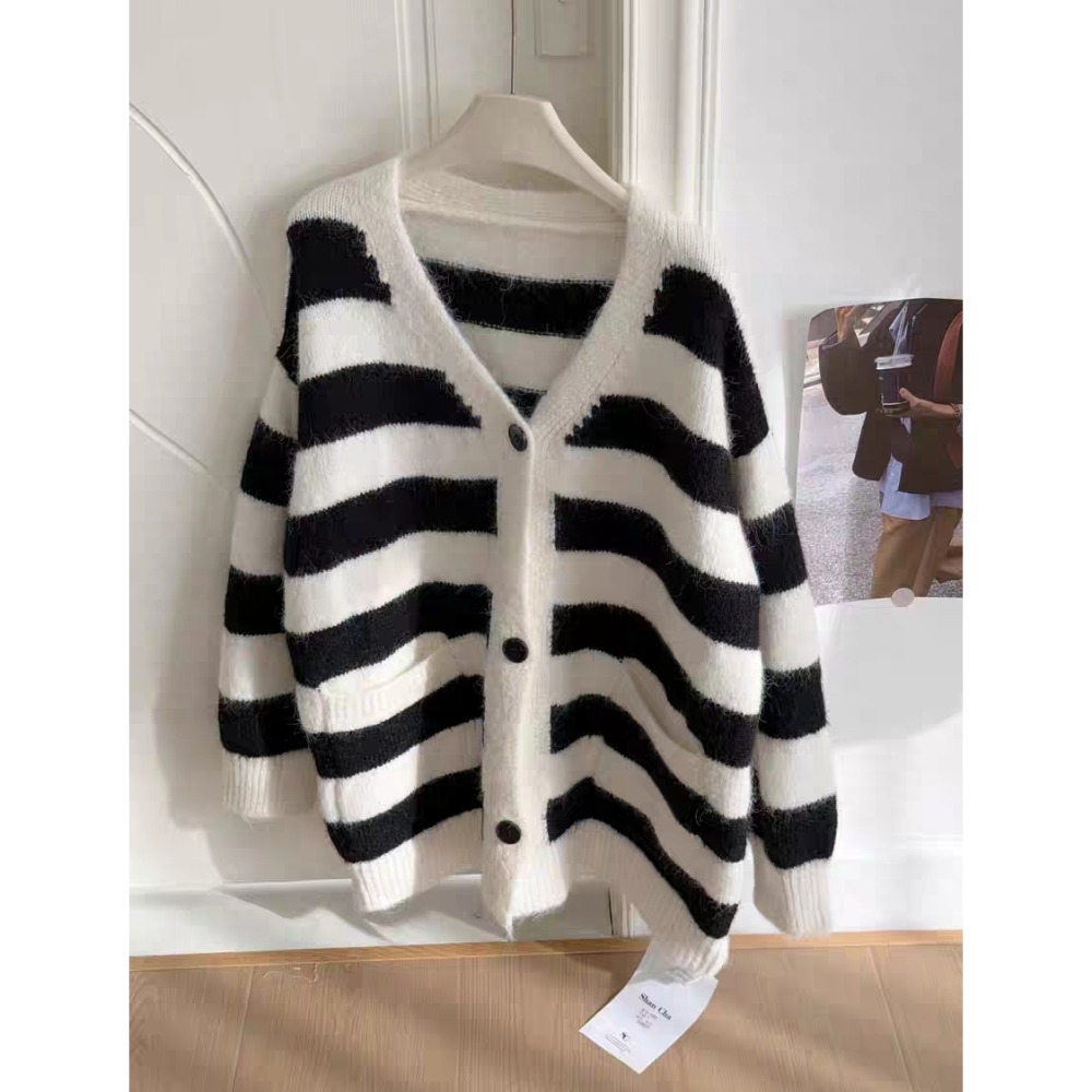 韓系慵懶風V領條紋針織開襟外套-規格圖9