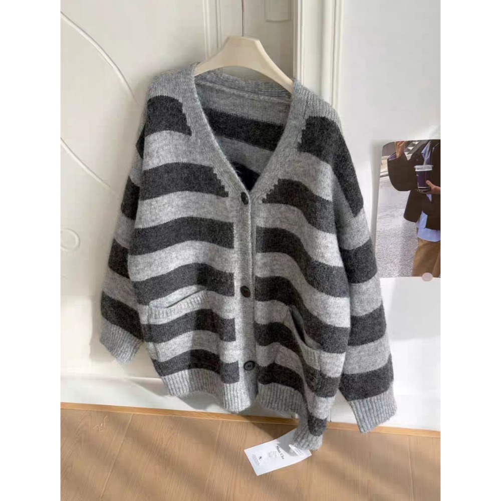 韓系慵懶風V領條紋針織開襟外套-規格圖9