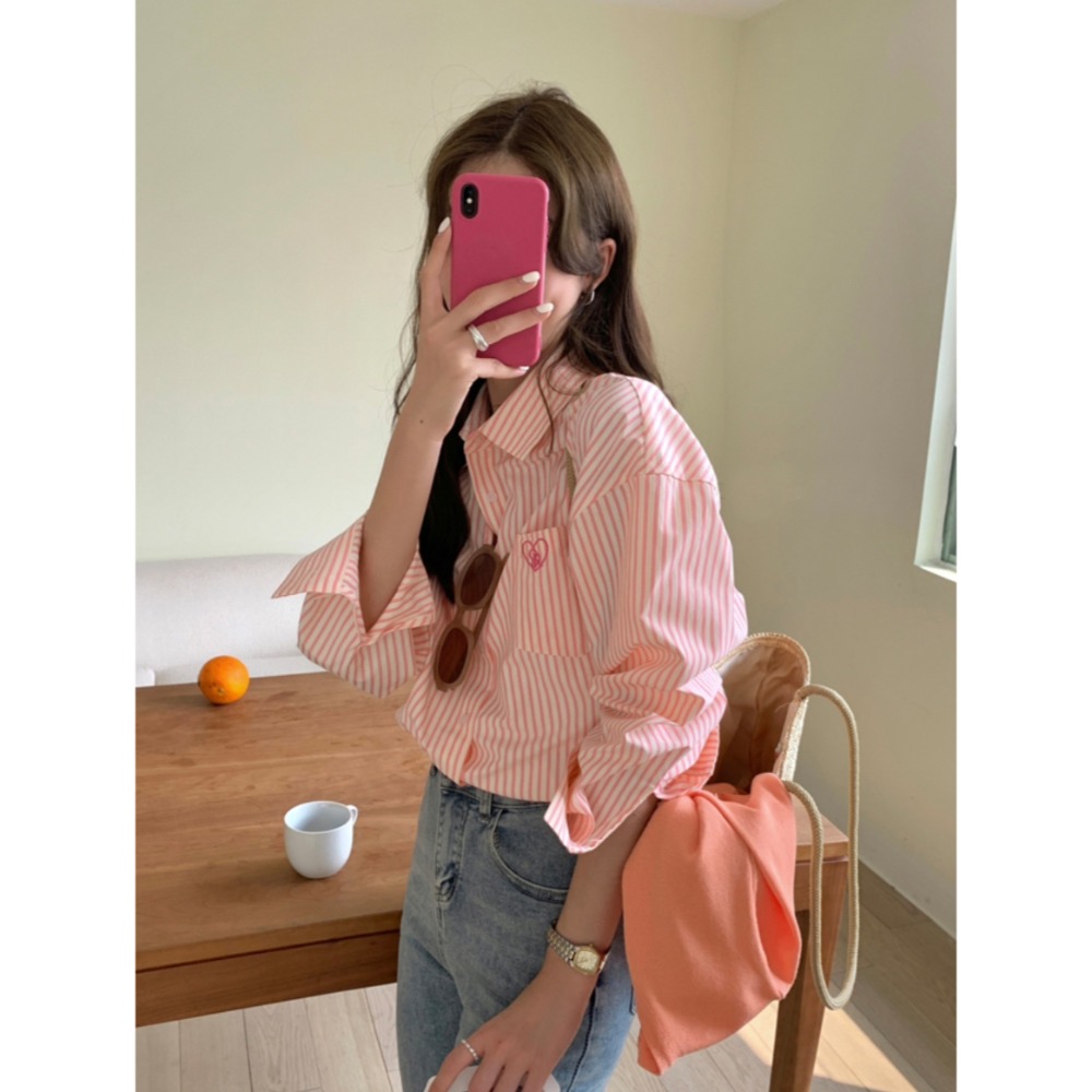 休閒條紋寬鬆長袖襯衫-細節圖2