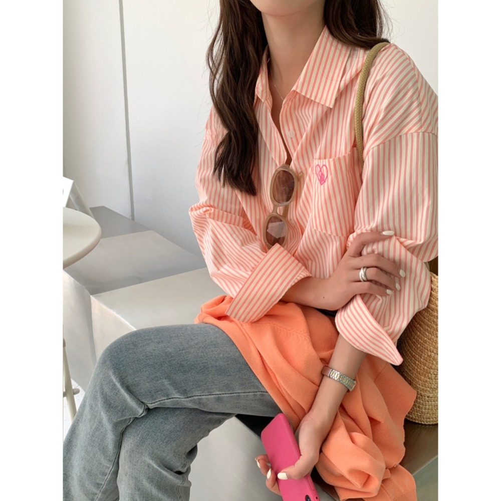 休閒條紋寬鬆長袖襯衫-細節圖3