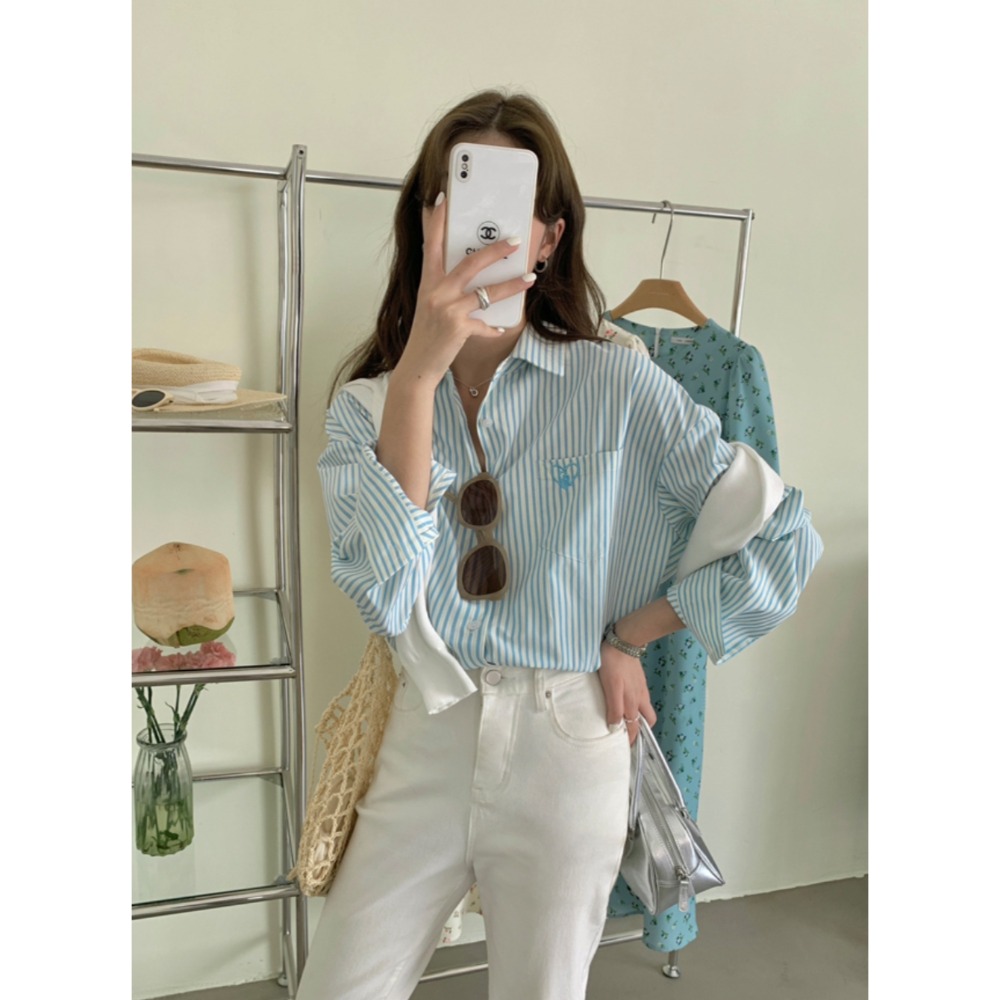 休閒條紋寬鬆長袖襯衫-細節圖7