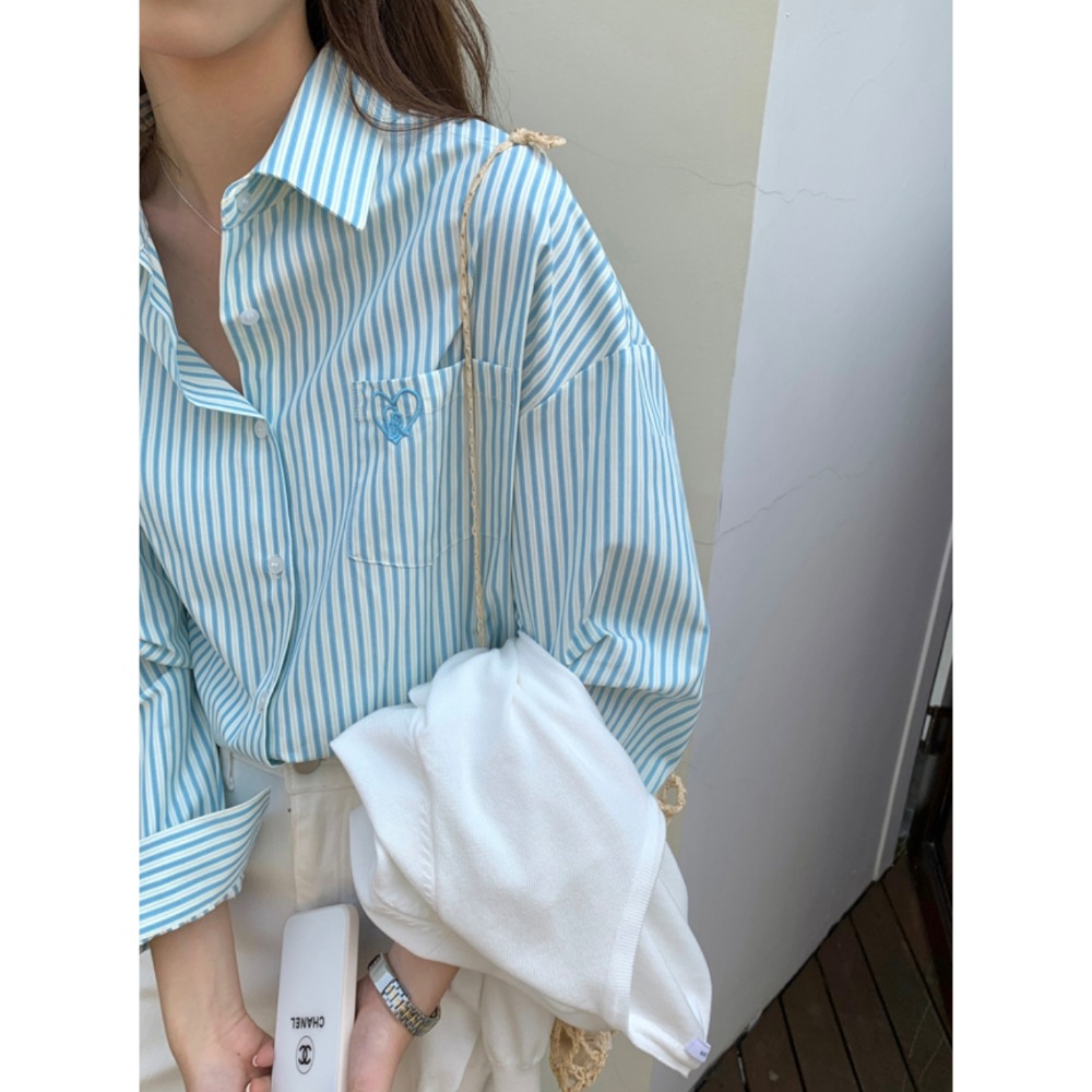 休閒條紋寬鬆長袖襯衫-細節圖9