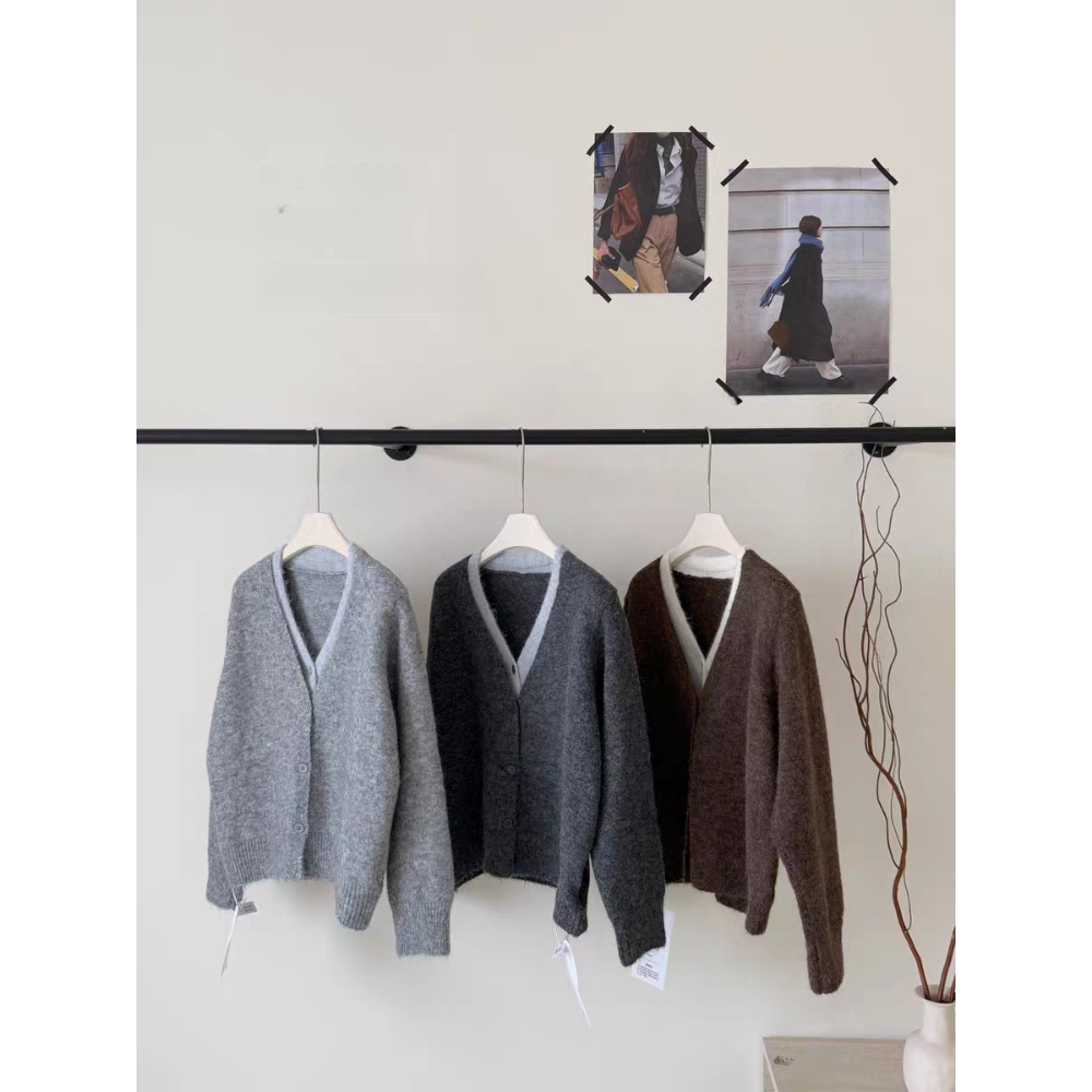 韓系撞色假兩件V領針織外套-細節圖2