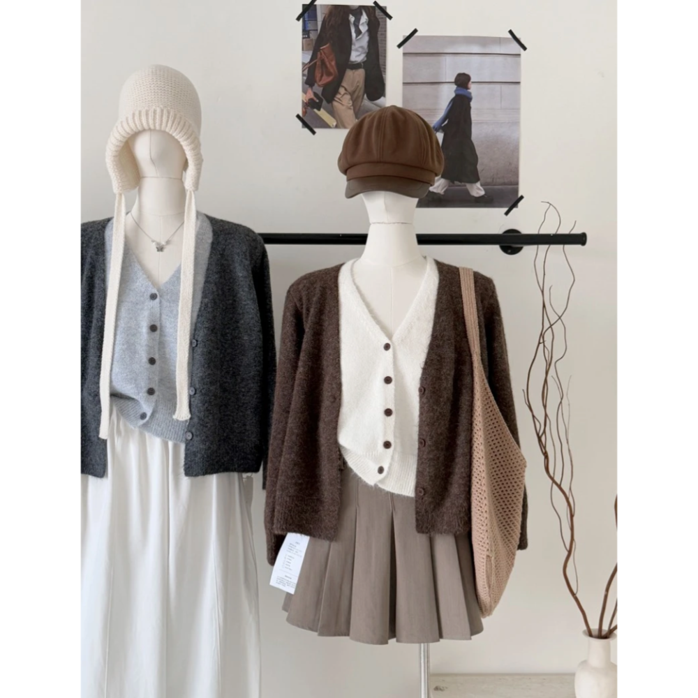 韓系撞色假兩件V領針織外套-細節圖3