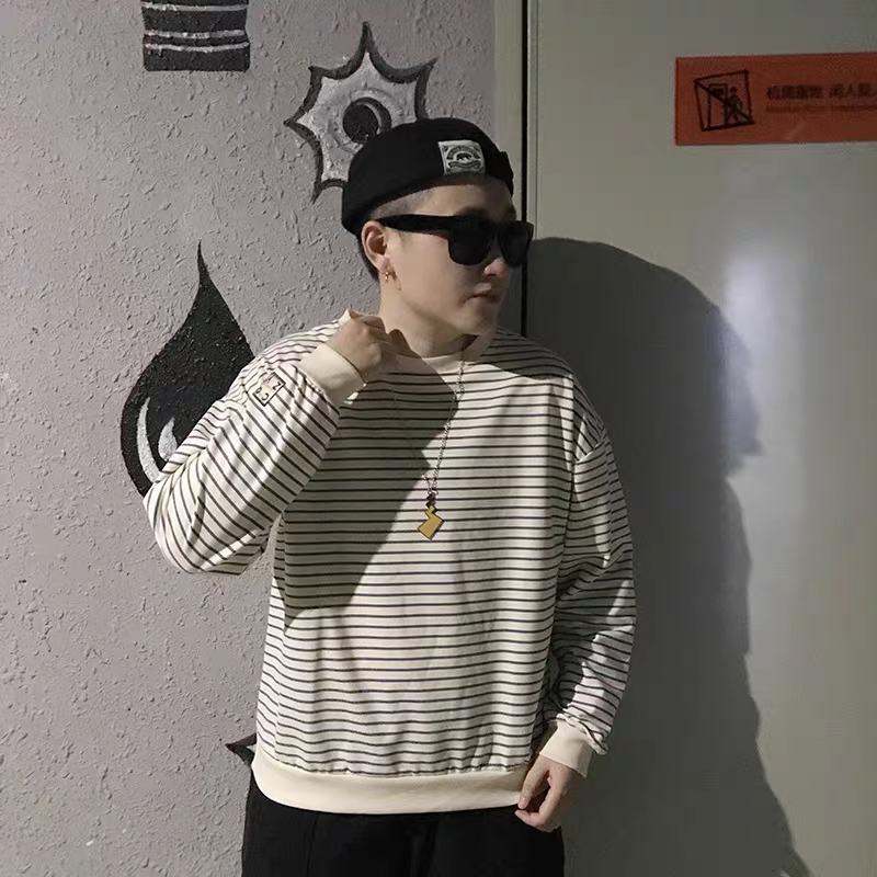 日系條紋寬鬆圓領長袖上衣-細節圖2