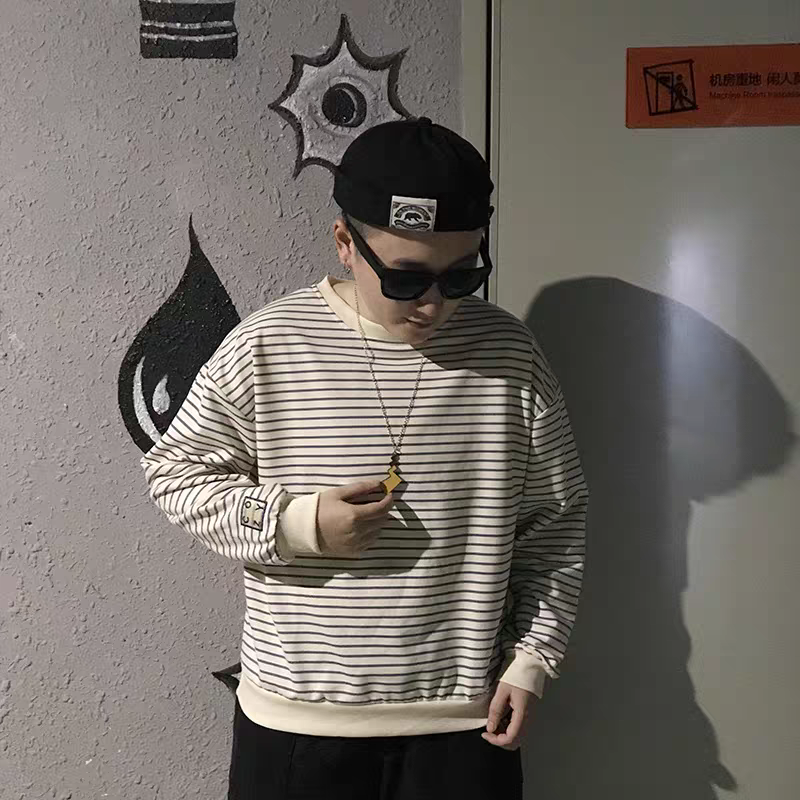 日系條紋寬鬆圓領長袖上衣-細節圖3