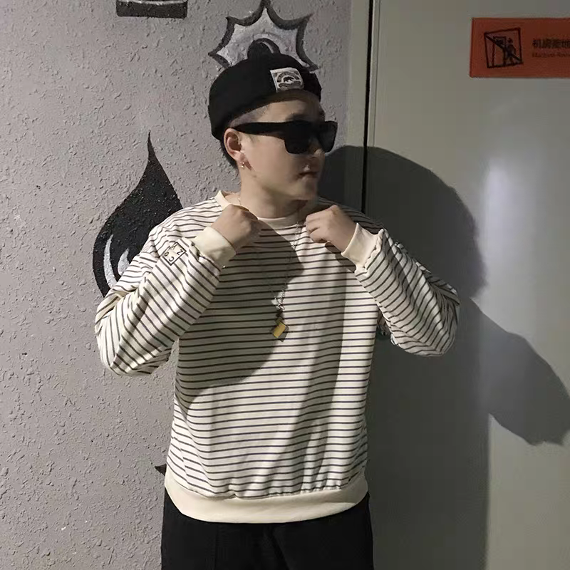 日系條紋寬鬆圓領長袖上衣-細節圖4