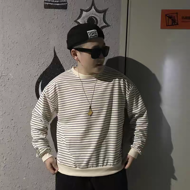 日系條紋寬鬆圓領長袖上衣-細節圖5