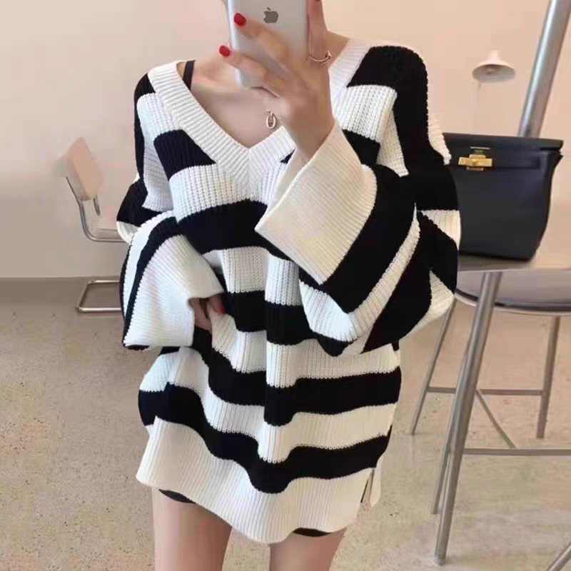 慵懶V領針織毛衣上衣-規格圖7