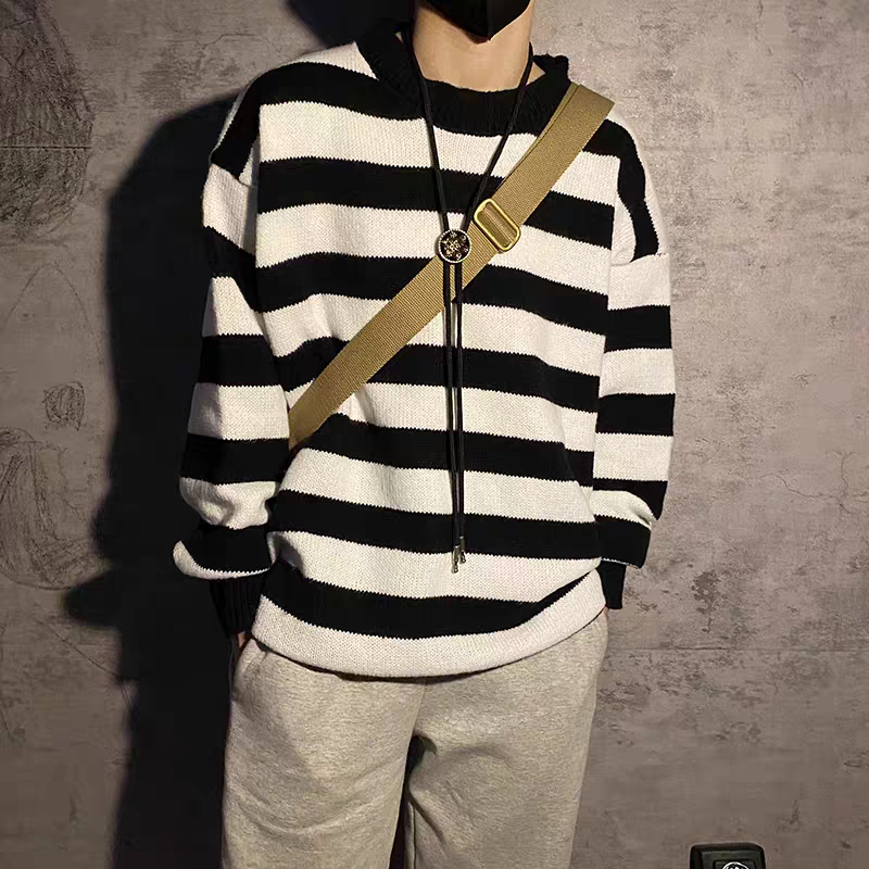 日系休閒寬鬆條紋拼色毛衣-細節圖2