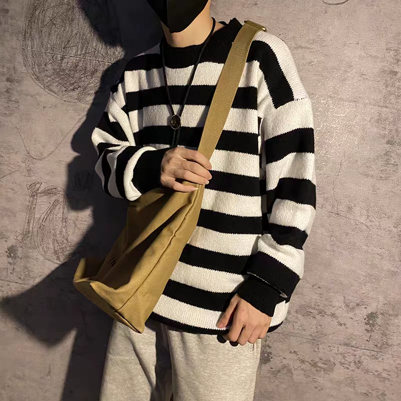 日系休閒寬鬆條紋拼色毛衣-細節圖3