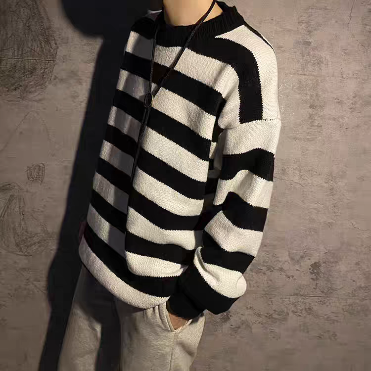 日系休閒寬鬆條紋拼色毛衣-細節圖6